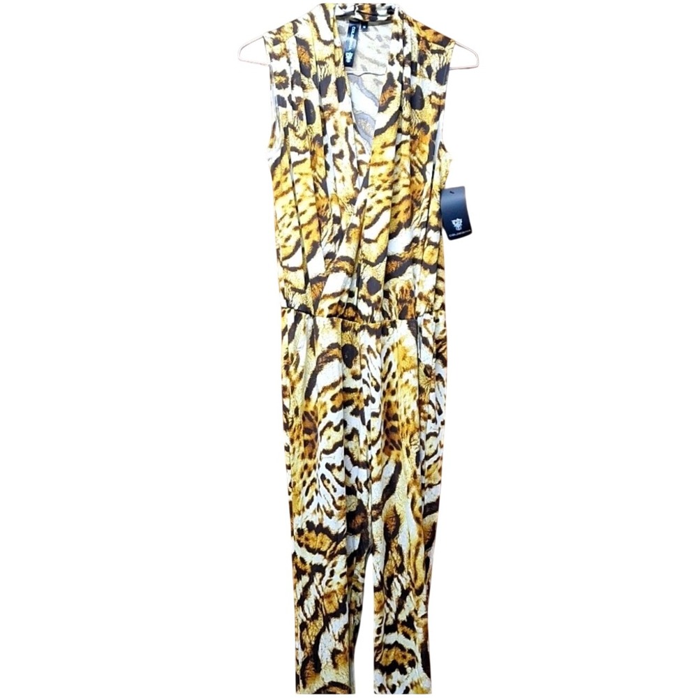 Coldesina Womens Leopard Print Sleeveless V-Neck Jumpsuit Gold Brown  1X NWT